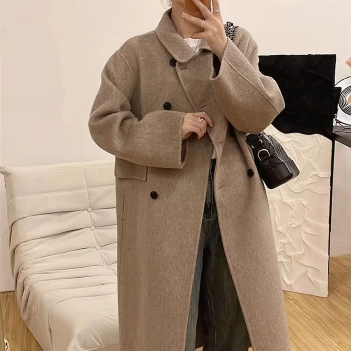 2024 autumn and winter new double-sided wool coat, double breasted long style, loose Korean version, small woolen coat for women