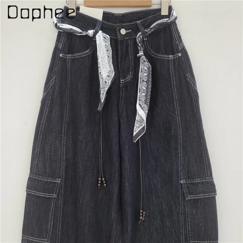 

2025 Autumn High Waist and Thin Women's Scimitar Heavy Industry Big Pocket American Tooling Wide-leg Pants Baggy Jeans