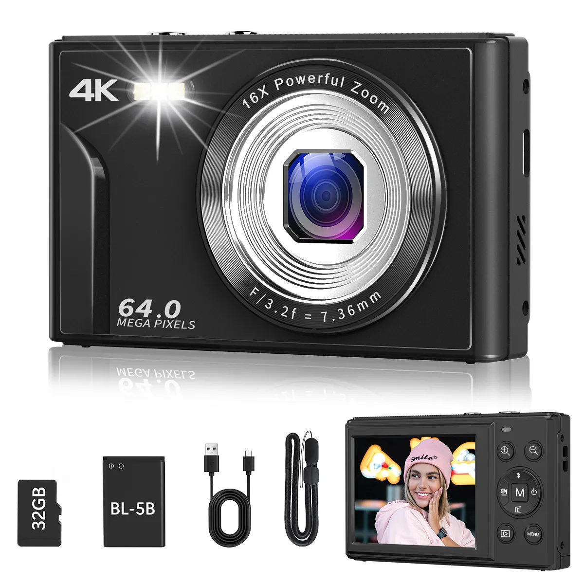 To 4K Digital Camera Autofocus Vlogging Camera HD 64MP with 2.8