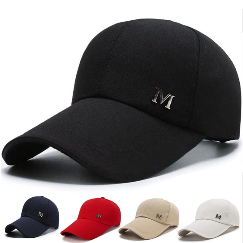 Adjustable Men's Sports Cap Stylish Golf Cap M Letters Long Brim Snapback Hat Leisure Casual Breathable Sunscreen Peaked Cap