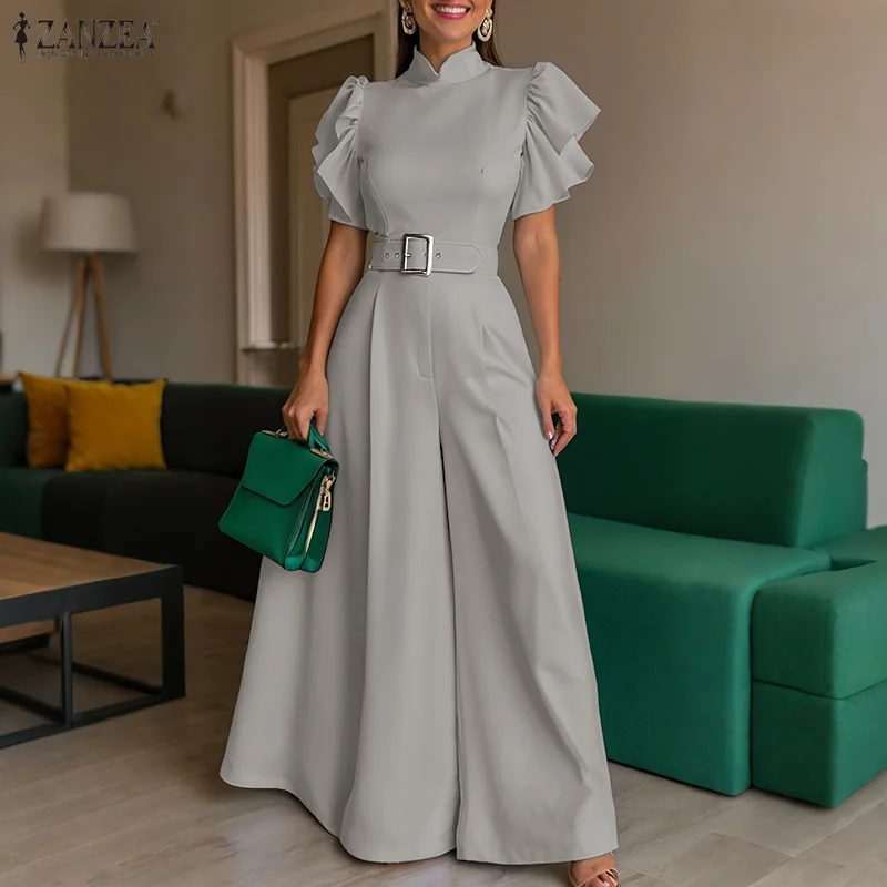 

Модные длинные комбинезоны ZANZEA, элегантные офисные летние комбинезоны с воротником-стойкой и поясом, вечерние комбинезоны 2025 года, однотонные повседневные брюки с короткими рукавами и рюшами