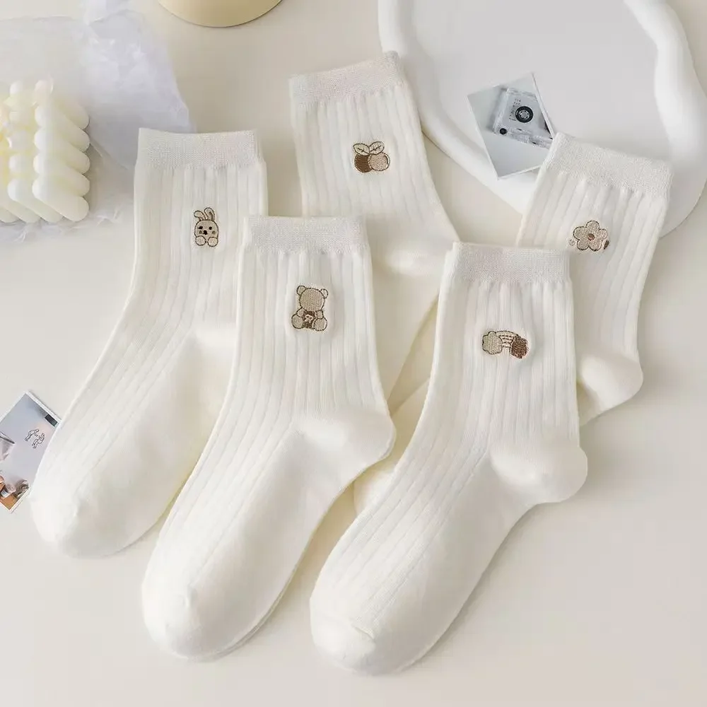 5 Paar Damen-Socken mit rundem Halsausschnitt, hochwertige Herbst- und Winter-Socken, niedliche Cartoon-Socken, atmungsaktiv, modisch, weiche mittellange Socken