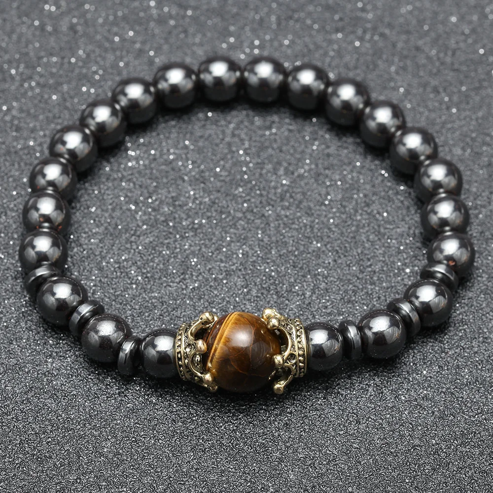 Trendy Personality Nature Stone Bracelets For Men Vintage Crown Symbolic Power Hematite Ore Beaded Bracelets Gifts For Friend
