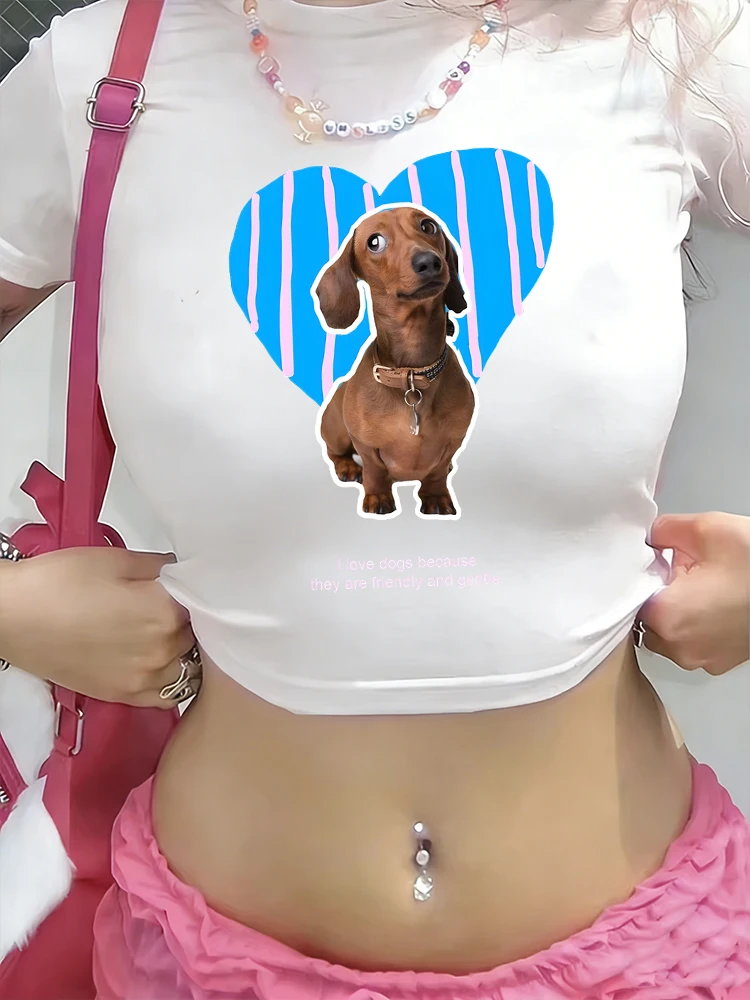 

Cute Dachshund Puppy Blue Heart Dog Lover Print Crop Top Y2K Style Women's Retro Fashion 100% Cotton Shirt Girl Fitted Crop Tops