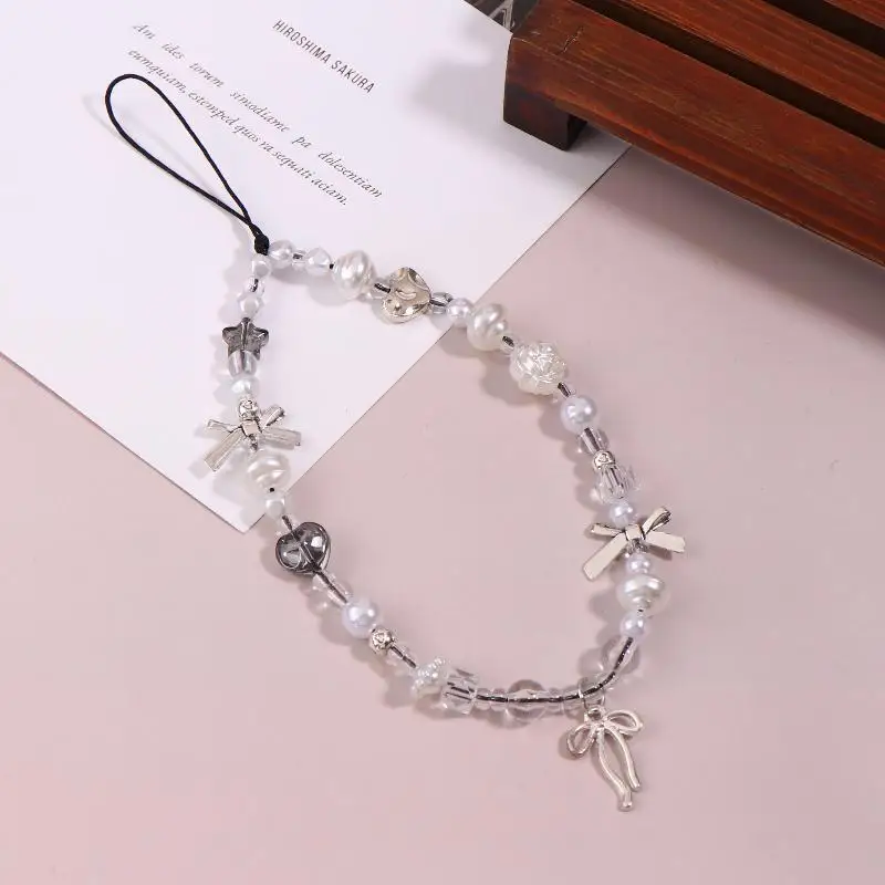 1 قطعة Y2K الفضة القوس قلادة هاتف محمول الحبل الجمالية مطرز سلسلة هواتف المحمول مكافحة خسر معصمه المفاتيح للفتيات هدية #2