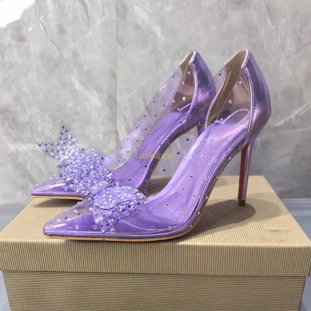 

Purple Crystal Rhinestone String Bead Pumps Sexy Pointed Toe Thin Heel Slip On New Arrivals Fashion Women Modern Shoes