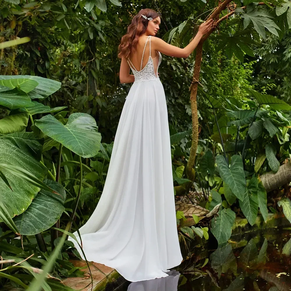 

Customized Chiffon Beach Wedding Dresses Applique Spaghetti Straps High Split Vestido de 2025 Boho Bridal Gown elegant paty