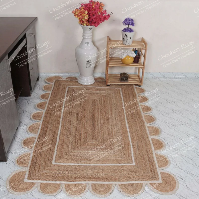 Indian Hand Braided Natural Jute Rug White Scalloped Runner Rugs Home Decor Rugs Carpets for Living Room Home Decor