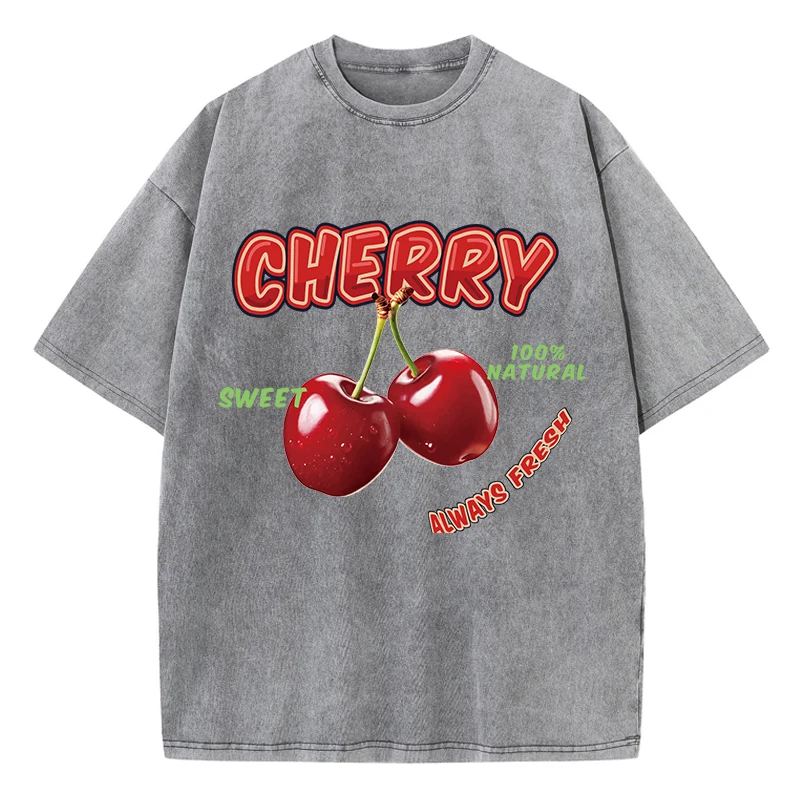 Street Woman Washed T-Shirts Sweet Cherry Aways Fresh Print Short Sleeve Comfortable Cotton Oversize Tops Summer Female Clothes