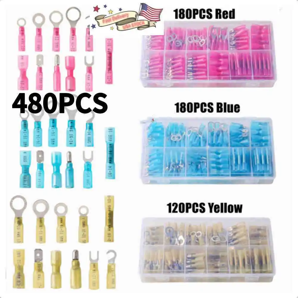 480PCS Heat Shrink Wire Connectors Electrical Terminals Kit Waterproof Marine US