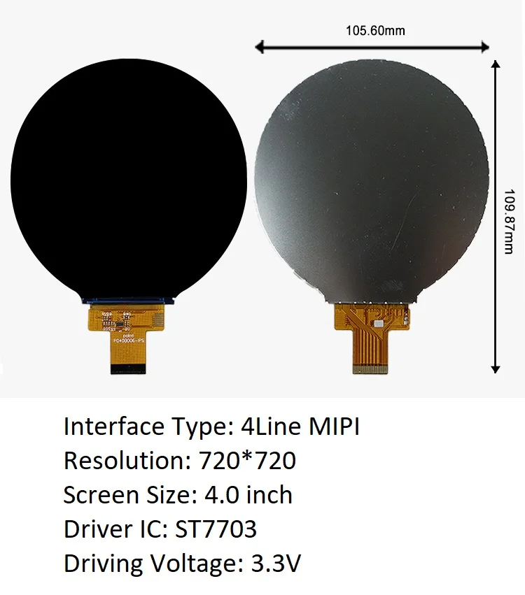 Exibição redonda IPS 4 linha MIPI Interface Chip, ST7703 Driver, 4.0 