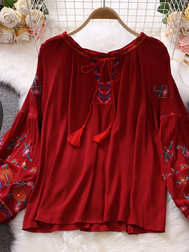 Autumn Women Blouse Indie Folk Embroidery Lace-Up Tassel O-Neck Lantern Sleeve Tops Loose Cotton Female Blusa Casual Shirts