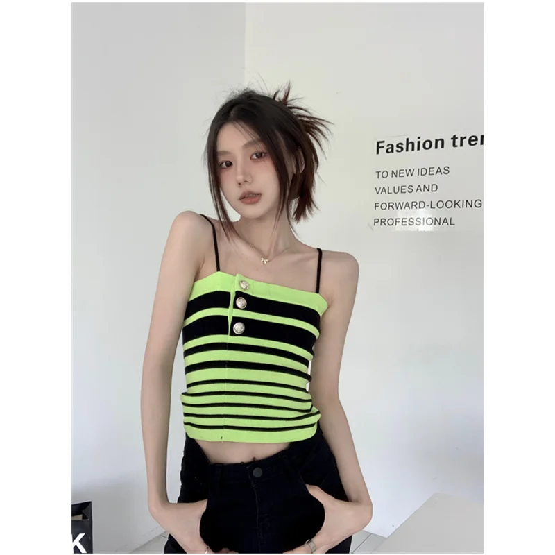 

2023 Women' Clothing Suspender Sweet Hot Girl Contrast Black and Green Striped Knitted Vest Retro Sleeveless Sexy Slim Short Top