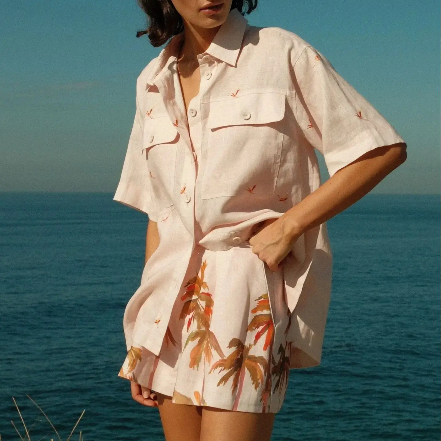 

Women Pink Coconut Tree Printed fashion Set short sleeve casual shirt tops + high waist shorts with belt