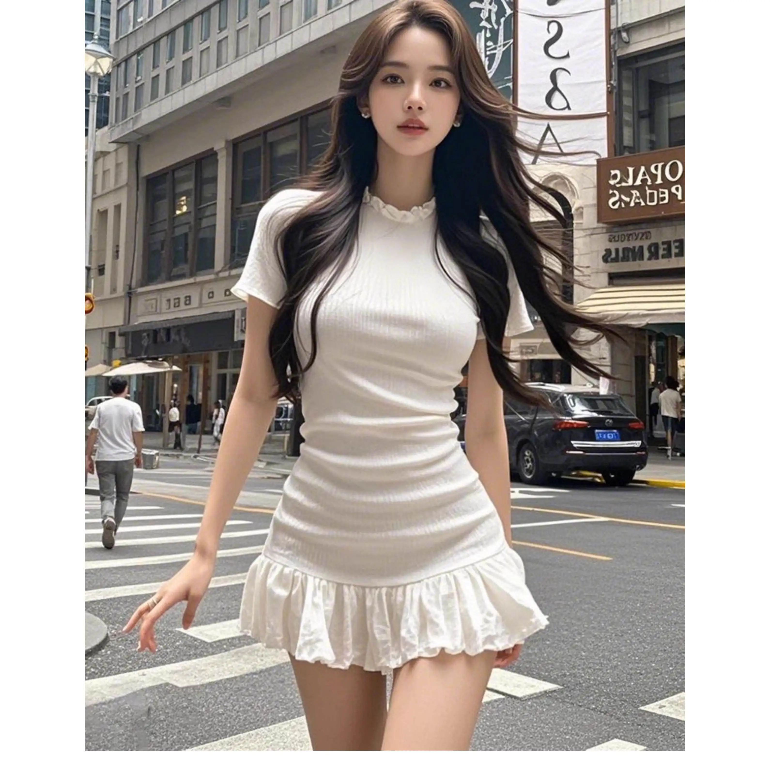 Korean Design Wood Grain  Splice Short Sleeve Dress Slimming Short Skirt Summer New Style Personality Versatile Fashionable