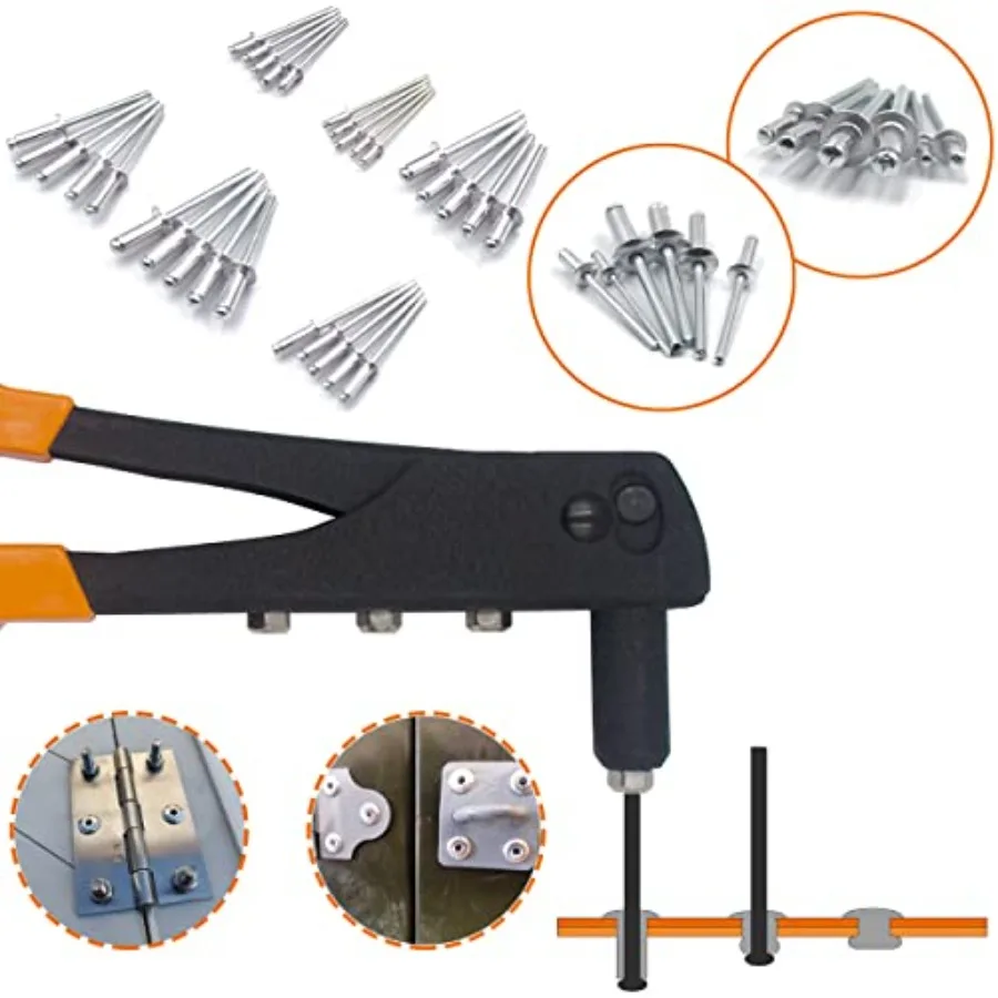 225개 알루미늄 블라인드 리벳 모음 키트, 자동차 수리 및 금속 가공용 헤비 듀티 핸드 리벳건 포함