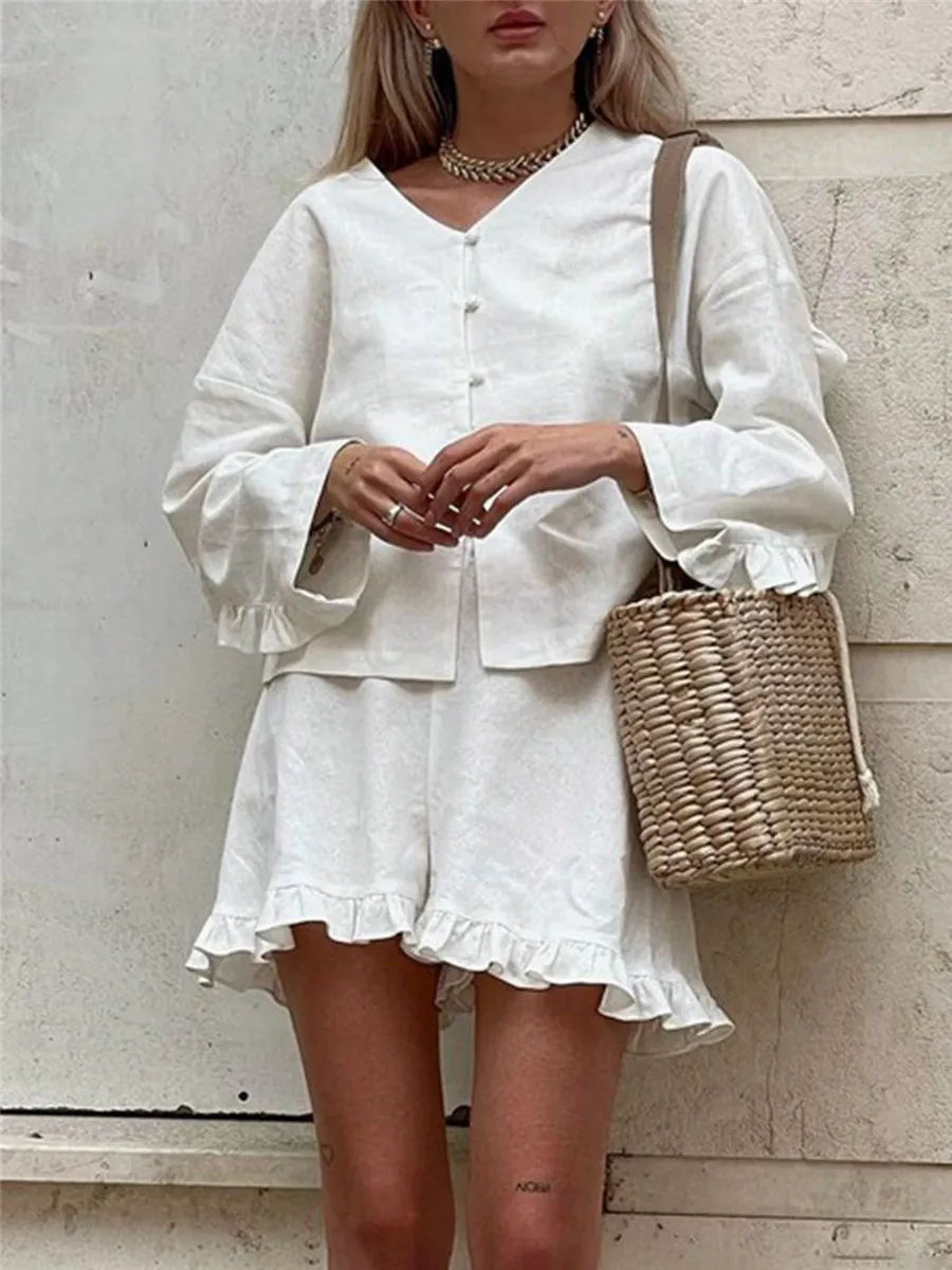 Women's Fall Shorts Outfits 2 Pieces Solid Color V Neck Long Sleeve Ruffles Tops Shirt Elastic Waist Ruffle Shorts Lounge Sets