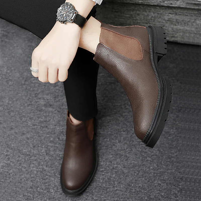 Botas Chelsea cálidas de terciopelo para hombre, botas altas de cuero de marca de lujo para negocios, botas de ocio para caminar con suela gruesa para exteriores