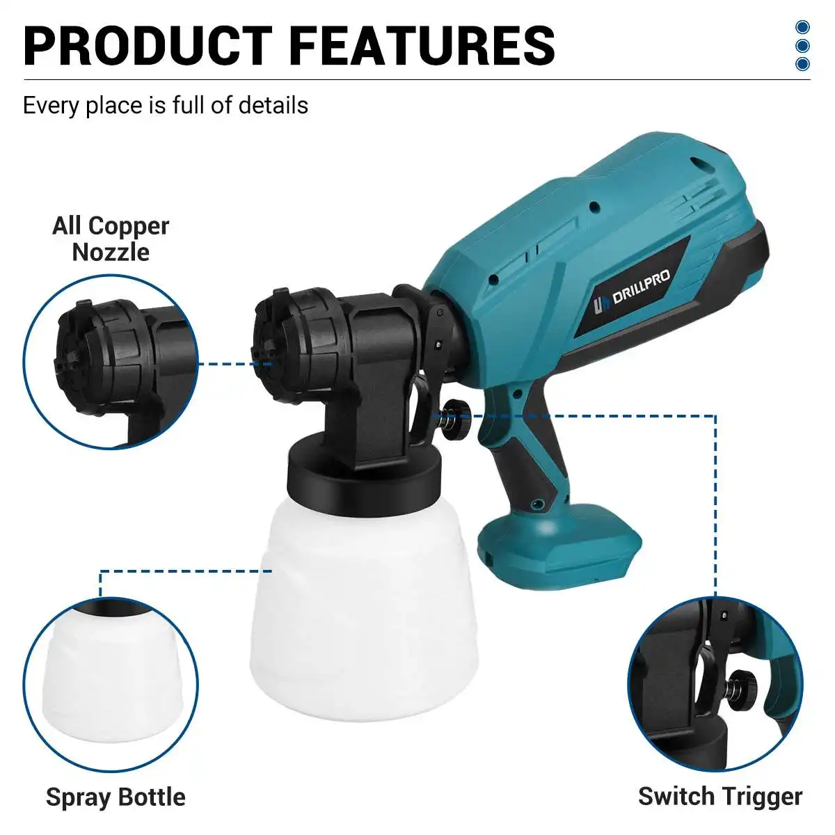 Drillpro Cordless Pistola de Pintura Elétrica, 1000cc/min, Pulverizador De Pintura, Auto Móveis, Revestimento De Aço, Aerógrafo para Bateria Makita18v