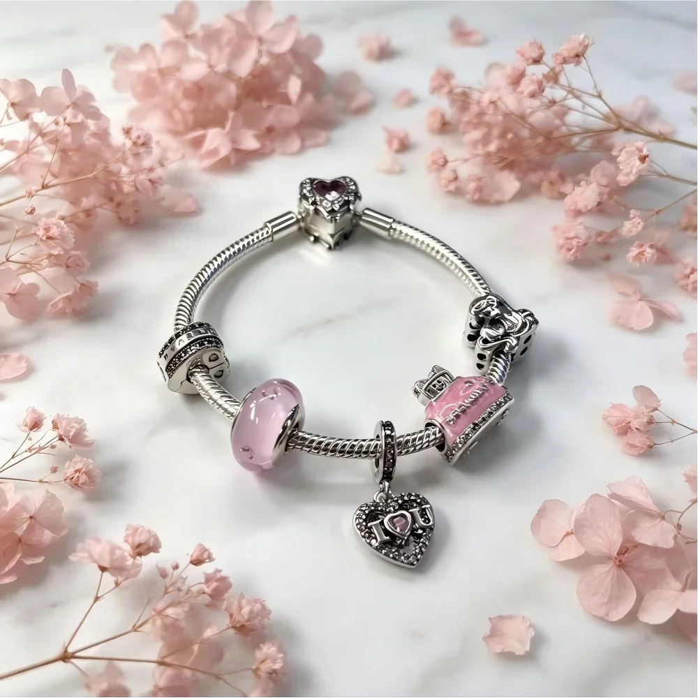 Love Theme Bracelets 925 Silver Forever Beads Pink Cat Cake Heart-shaped Charms Pendant DIY Mothers Day Jewelry Gift with Box
