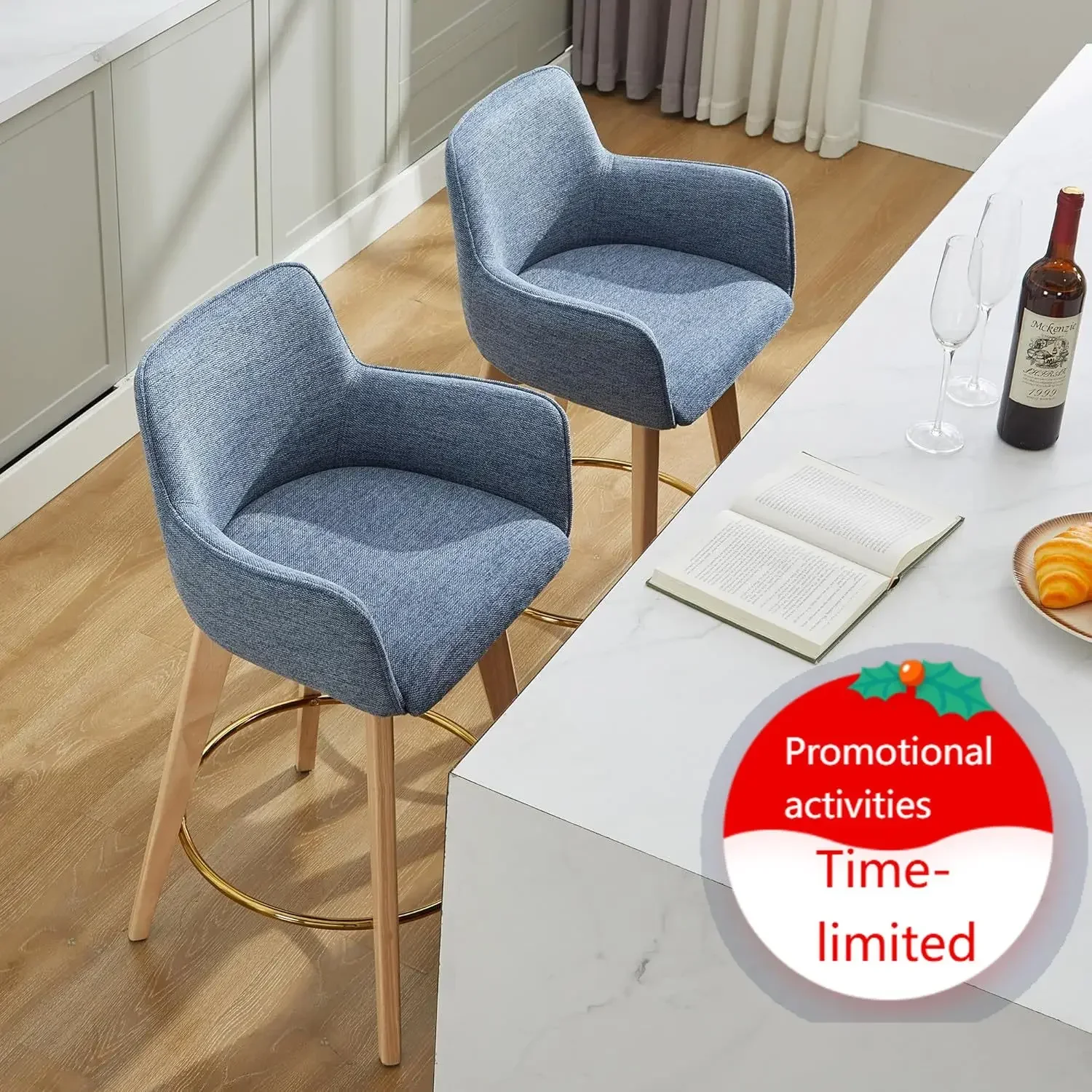 Bar Stools Set of 2, Counter Height Island Chairs with Back, Arms, Metal Footrest and Solid Wood Legs, 26
