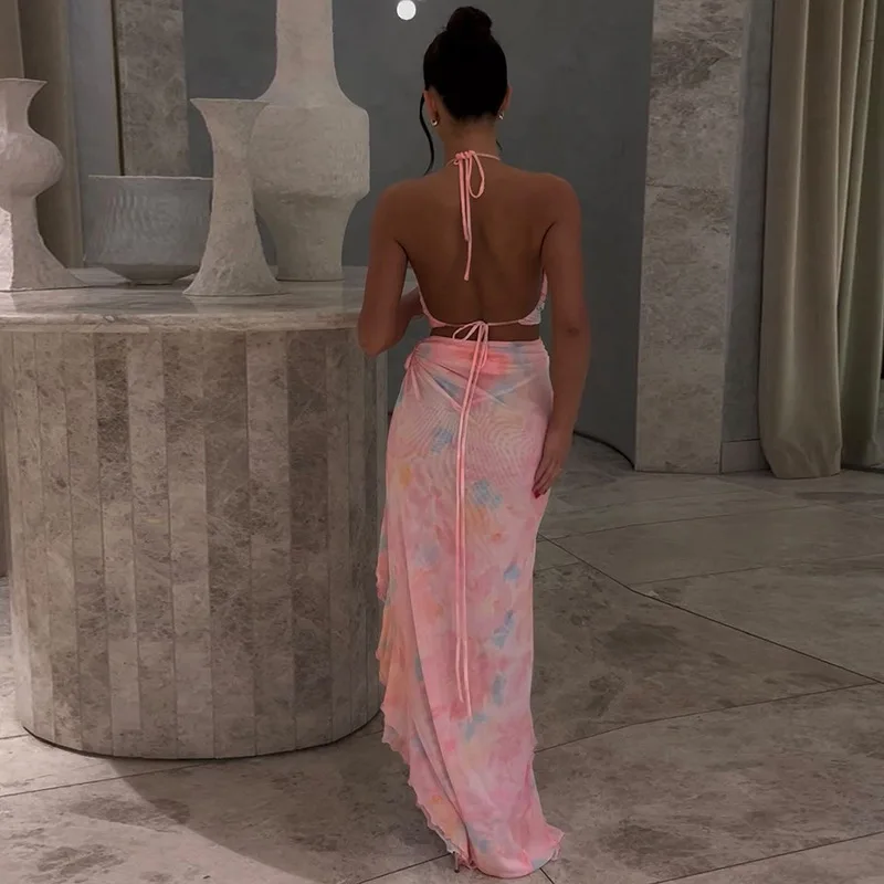 DriftWear Sexy Sheer Lace Backless Dress with Sash Tie High Slit Deep V Hanging Neck Open Back Evening Party Bodycon Long Dress