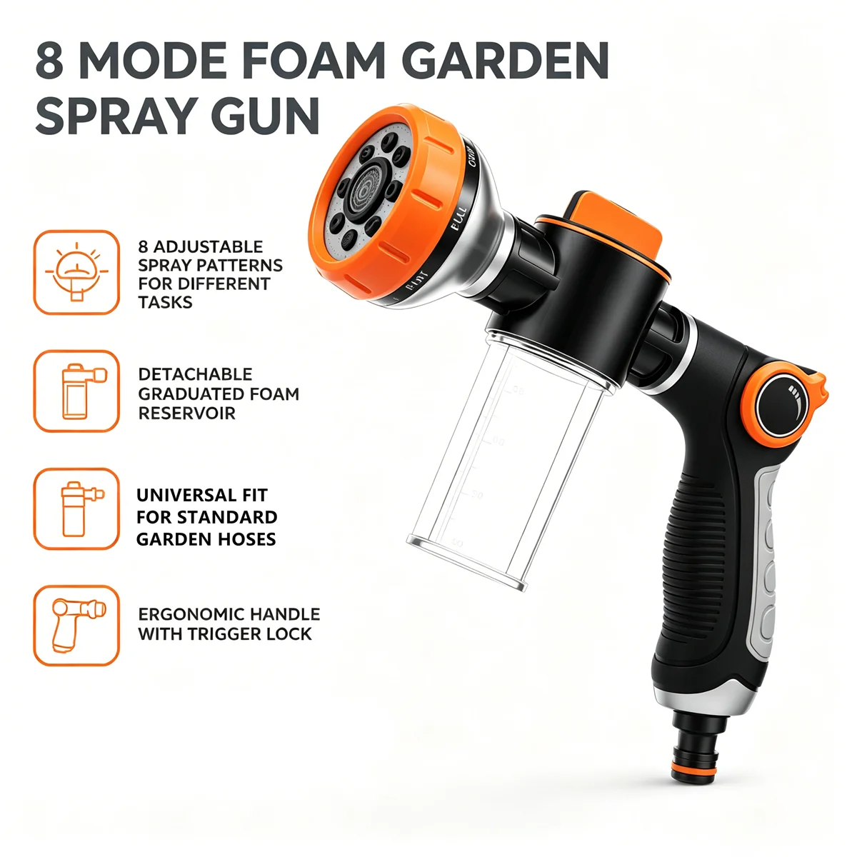 8-Pattern Garden Hose Nozzle with 100ml Soap Dispenser Bottle High Pressure Foam Blaster Car Washing Gun for Patio Plant Waterin