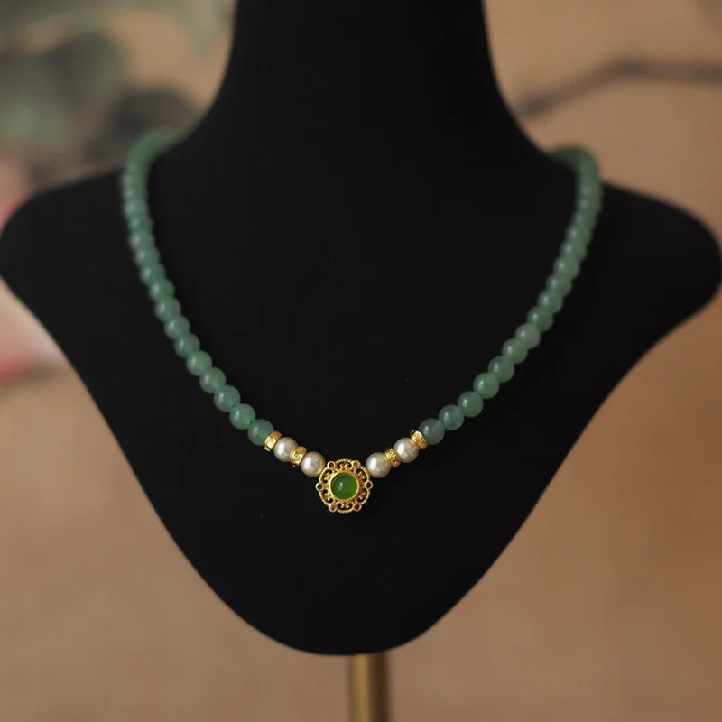 

Antique-style natural crystal gemstone pendant, pearl retro beaded necklace