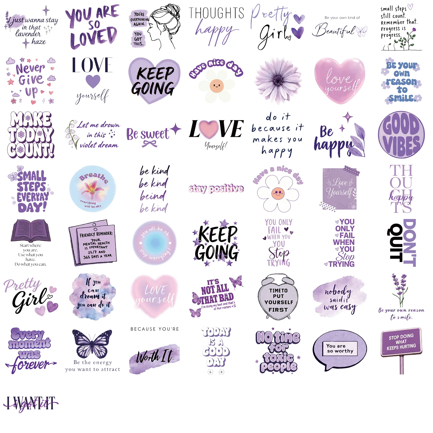 50PCS Purple Positive and Inspirational Stickers Transparent Hand Account Material Phone Case Laptop Luggage Waterproof Stickers