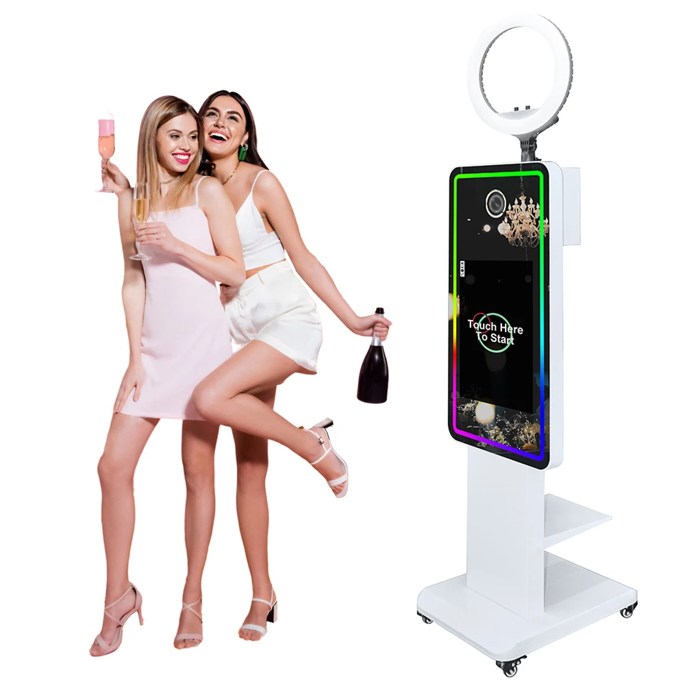 

Portable Mirror Photo Booth Selfie Machine 21.5 in Touch Screen with Wheels and Flight Case for Party and Event
