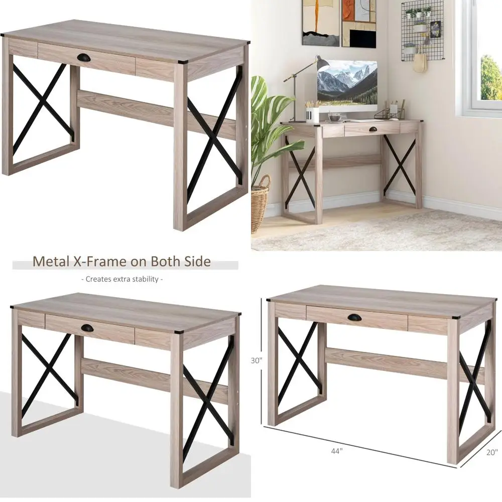 

44 Inch Rustic Farmhouse Style Computer Desk with Storage Drawer and X-Frame Workstation