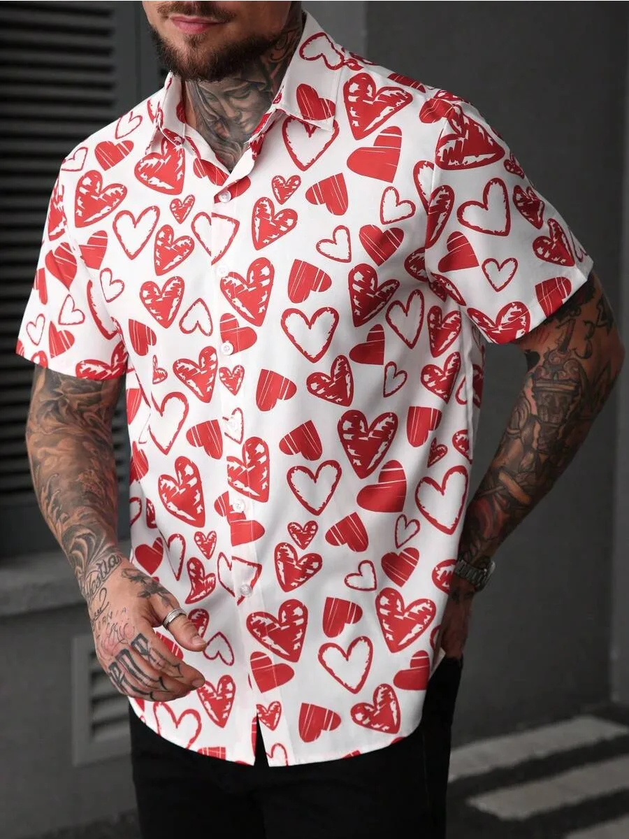 95% Polyester 5% Spandex New Men Fashion Lapel Love Pattern 3D Digital Print Spell Color Casual Shirt Tops