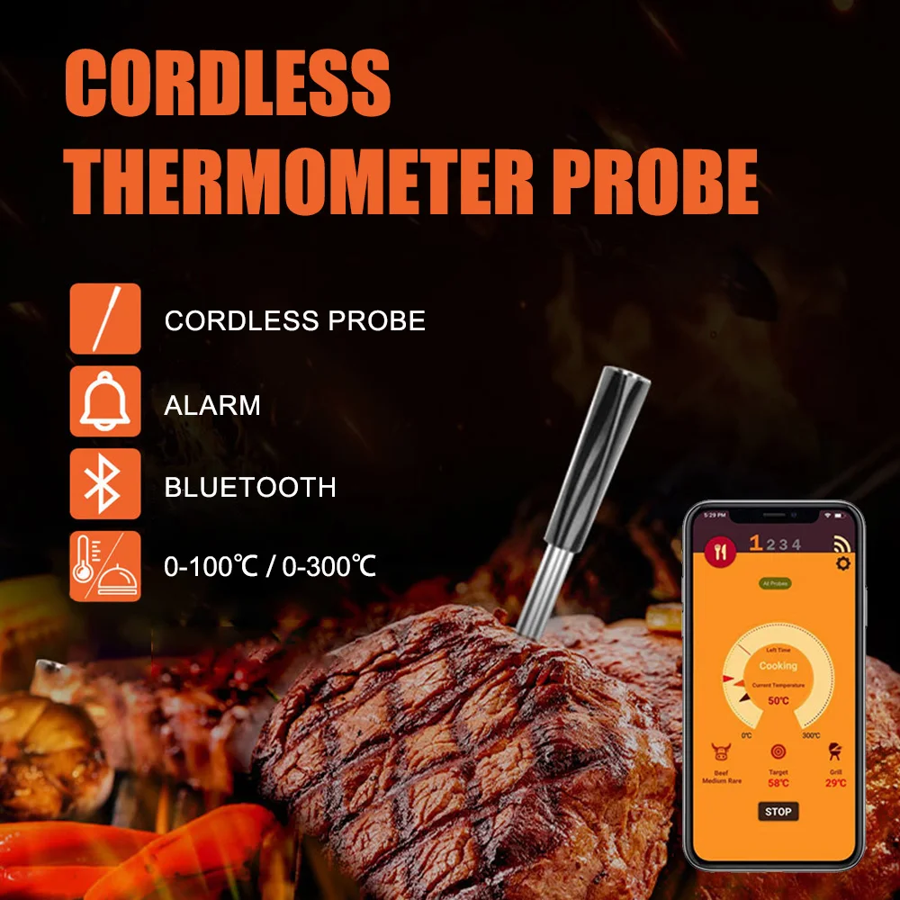 Bluetooth5.0 Kitchen Cooking Thermometer Waterproof Probe Connected To Mobile Phone APP Oven BBQ Temperature Measurement