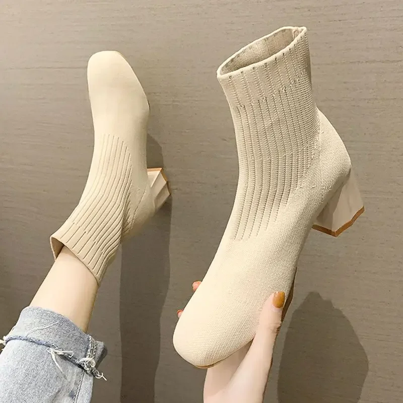 Botines elásticos para mujer, calzado blanco de tacón muy alto, botas cortas de calcetín, a la venta, novedad