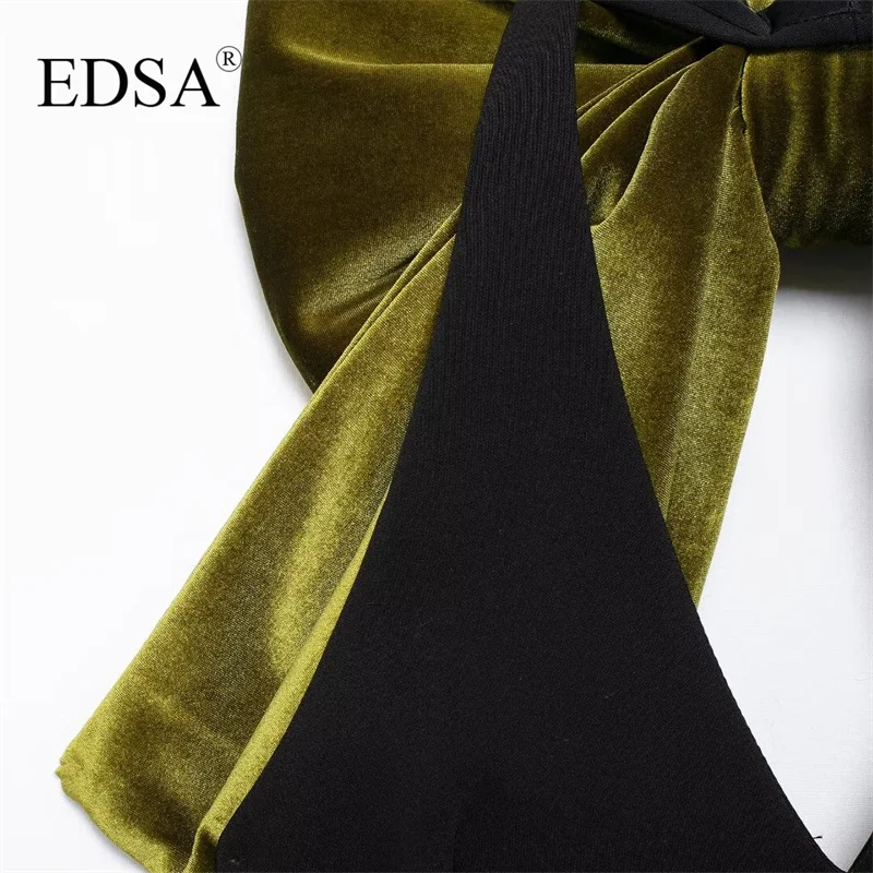 EDSA Women Black Velvet Mini Dress with Open Back Bow V-Neck Thin Straps High Waist V-Neck For Female Short Dresses