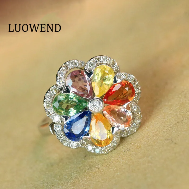 

LUOWEND 18K White Gold Ring Natural Color Sapphire Rings Sweet Candy Lucky Design Gemstone Jewelry For Women