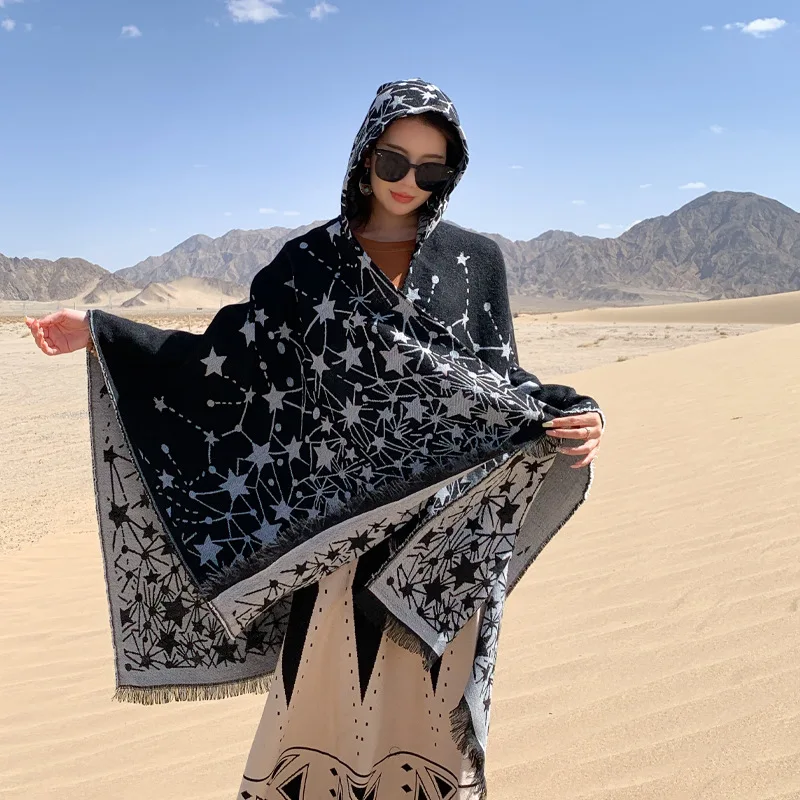 New Poncho Winter imitate Cashmere Women Vintage Preppy Print Hooded Cape Warm Femme Cloak Para Mujer Pashmina Wrap