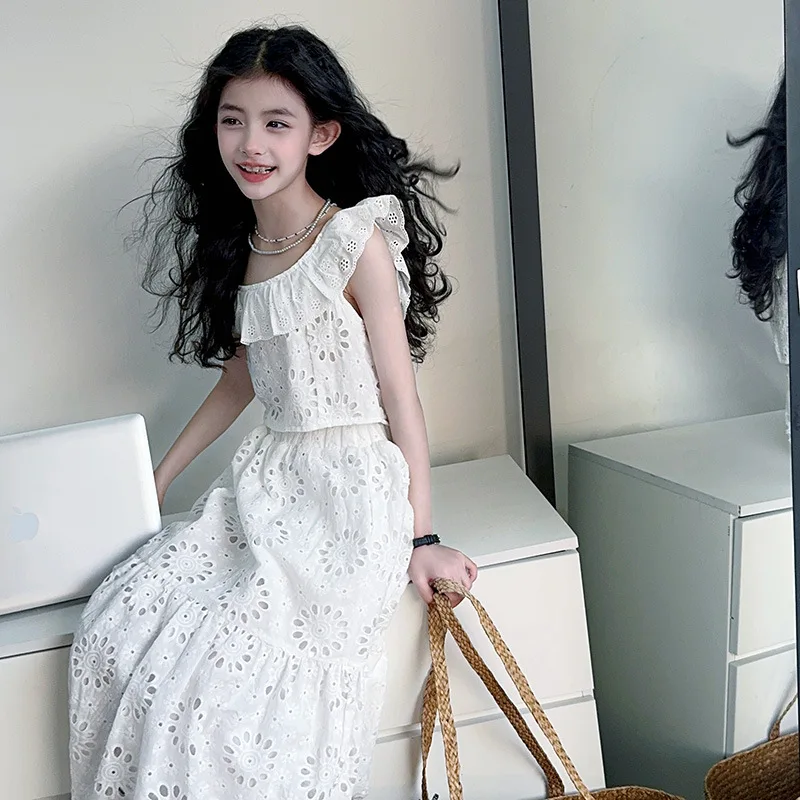 

summer French Sweet teen girls skirts sets Hollow Embroidery Strap+long skirt 2pcs junior kids clothes dress suit child outfits