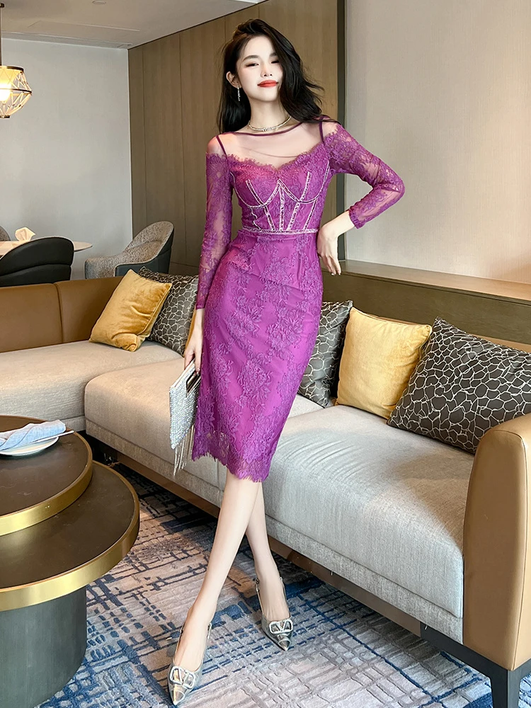 Robe de soirée longue en dentelle violette pour femmes, vêtements élégants, transparents, Sexy, col rond, Slim, mi-longue, Robe de bal, printemps automne