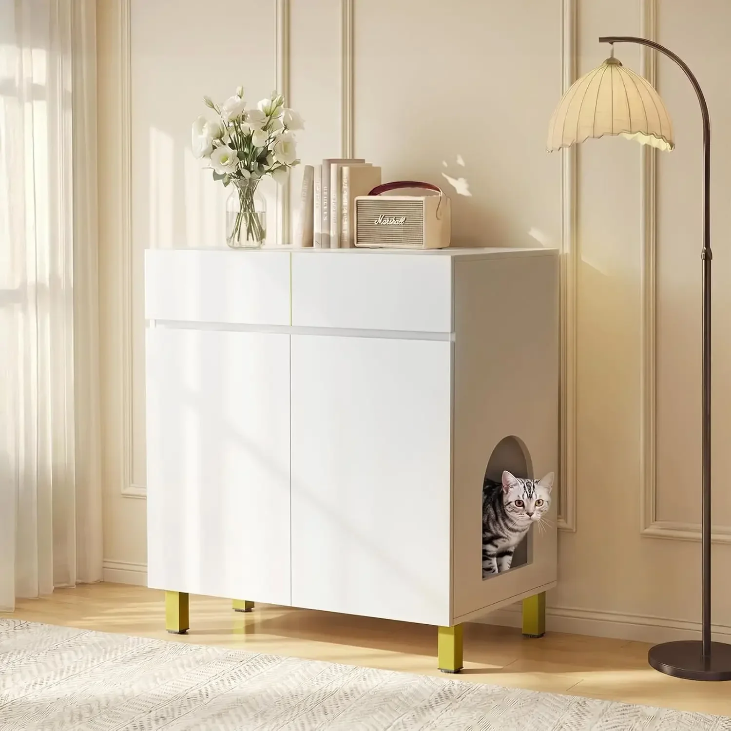 Large/Tall Litter Box Enclosure, Modern Wooden Litter Box Furniture for XL Litterbox with Drawer as Sideboard Cabinet (White)