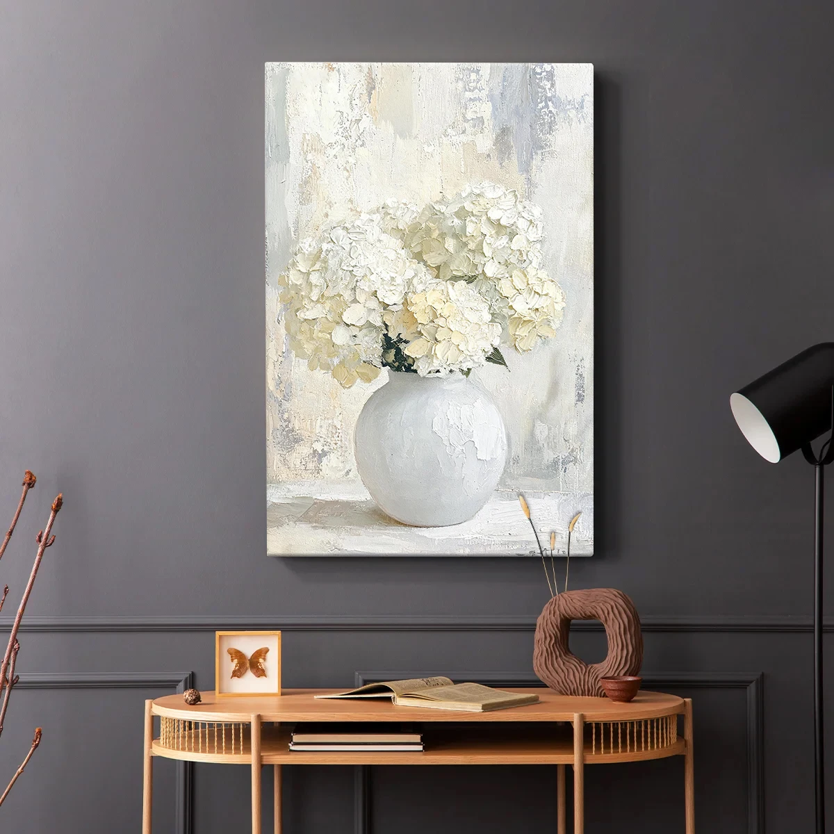 Framed Vintage Canvas Wall Art, White Hydrangea Floral Wall Decor Paintings, Flower Pictures Prints Aesthetic Home Decor for Living Room Bedroom Bathroom Office