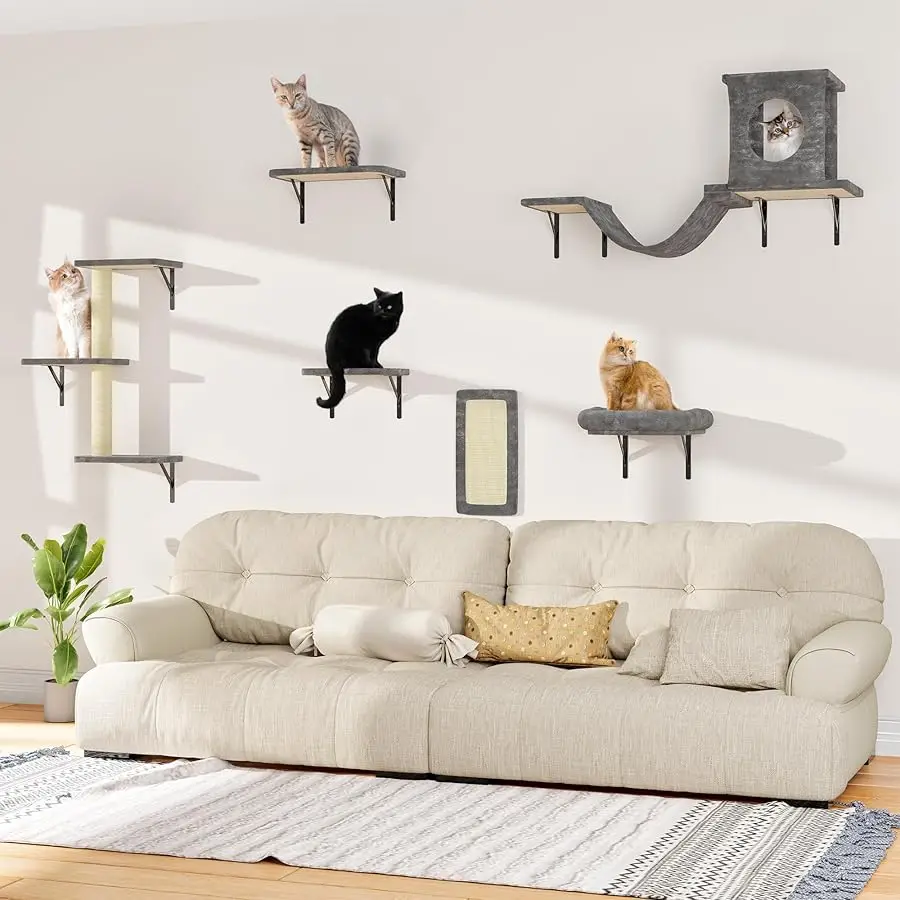 

6-in-1 Wall Mounted Cat Climber Set, Cat Wall Shelves with Floating Perch, Bridge, Tree, Cat House for Indoor Wall Furniture Set