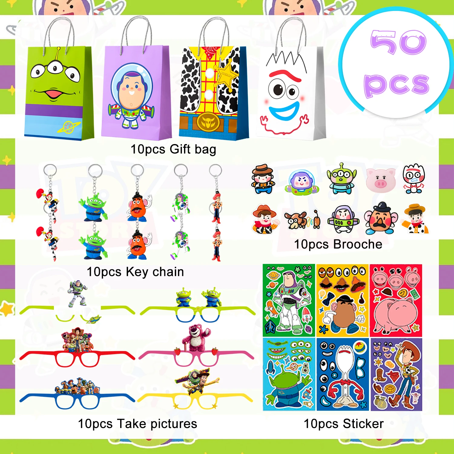 Toy Story Party Favors for Kids, 50pcs Toy Story Birthday Party Favors Set-Goodie Bags Key Chains Stickers Photo Props etc