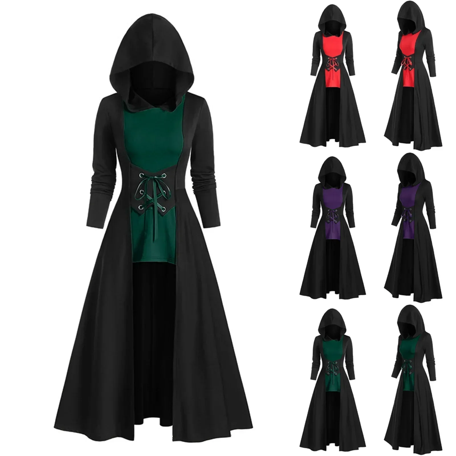 Vintage Medieval Costume Dress Lace-up Hooded Robe Cloak Knight Gothic Wizard Vampire Cosplay Halloween Carnival Dress Up Party