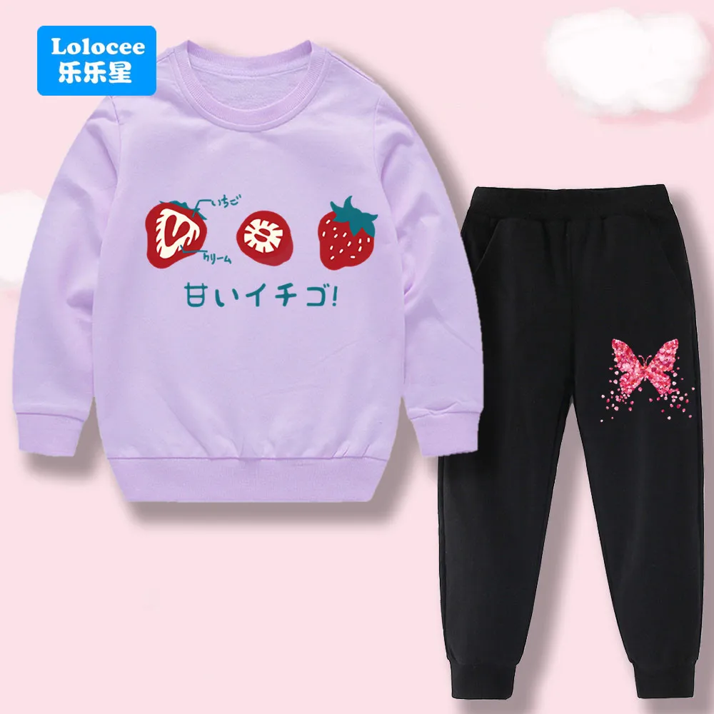 Lolocee Kids Tracksuit 2PcsCute Strawberry Print Long Sleeve Top + Butterfly Pants,Cotton Outfit for Toddler Girls (3-14Y)CMRW1