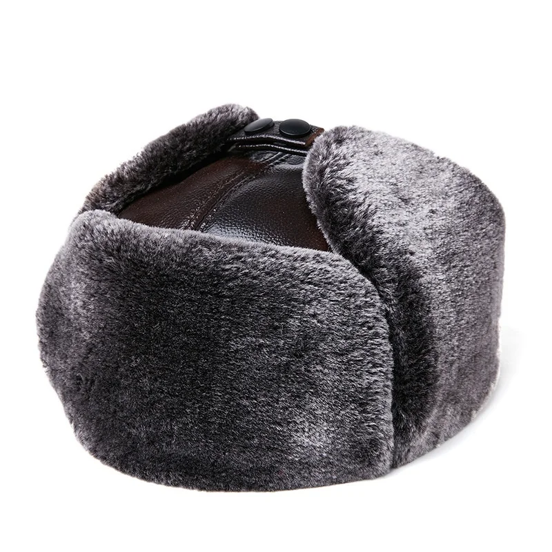 قبعة Lei Feng، قبعة فرو شتوية للرجال، قبعة من الجلد الطبيعي، قبعة قناع أذن سميكة دافئة من جلد البقر، قبعة تزلج للرجال