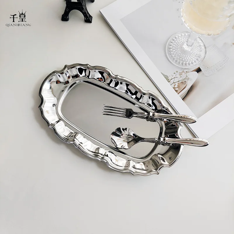 Stainless steel oval plate egg-shaped steamed fish plate, Korean gold plate barbecue rice noodle plate