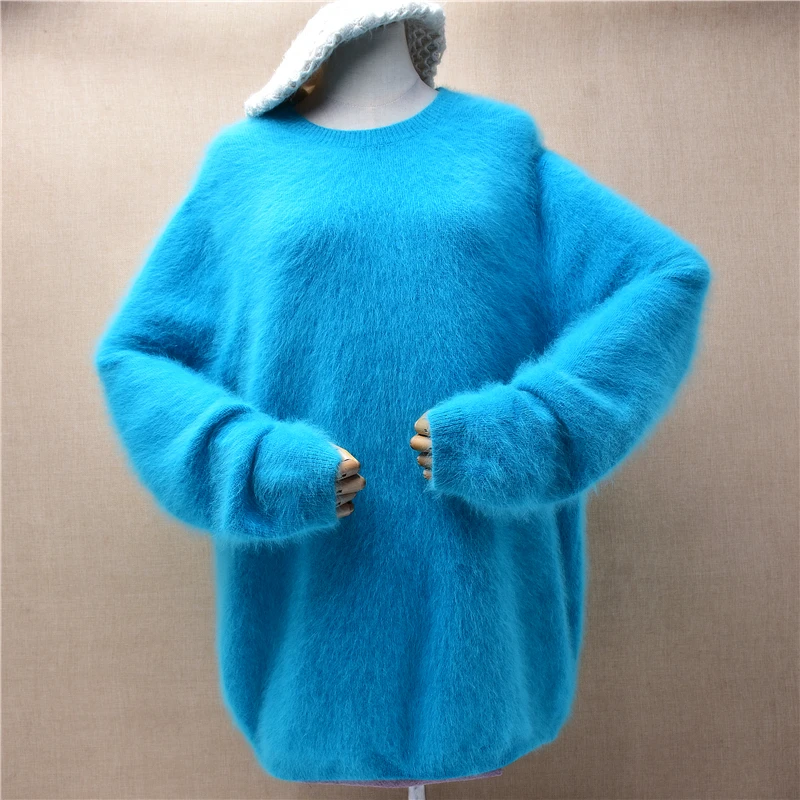 

Women Mujer Autumn Winter Clothing Blue hairy Angora Rabbit Hair Knitted O-Neck Long Sleeves Loose Pullover Sweater Jumper Pull