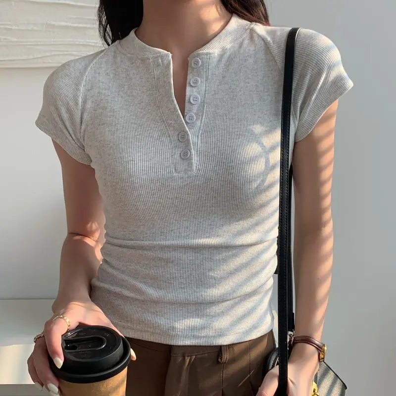 Tops T-shirt Women's Summer Semi-open Neckline Cropped Slim Fit Solid Colour Short Sleeves High Waist Niche Comfortable Casual