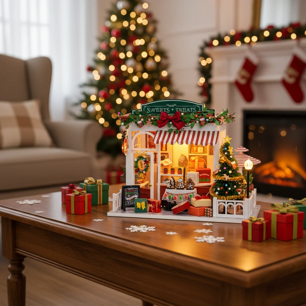 Christmas Dollhouse DIY Miniature Kit with Furniture Xmas Village Wooden Model House Holiday Gift for Teens Adults